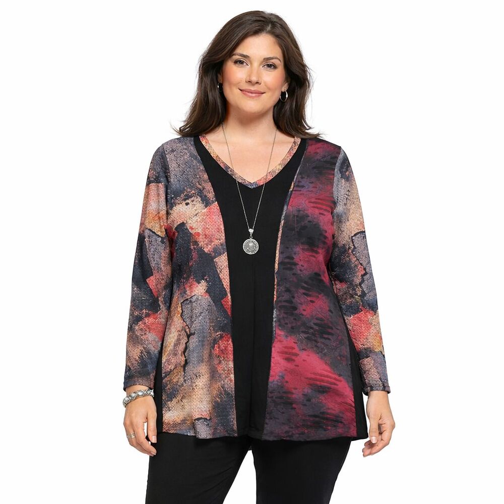 Womens Mixed Media TUNIC Top Stretch Pullover Mesh Shirt Artsy Abstract Size XL